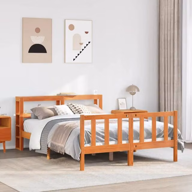 Berkfield Home King Size Bed Frame with Headboard and Side Compartments in Wax Brown Solid Pine Wood, W/D/H: 150 x 200 cm