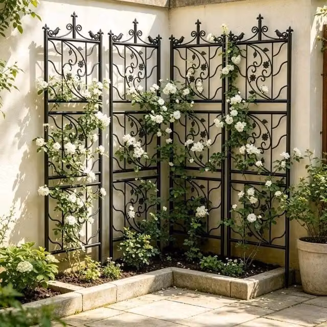 SPETLEK Black Metal Rose Climbing Plant Support Trellis Fence Panels, 4 Pieces – 1