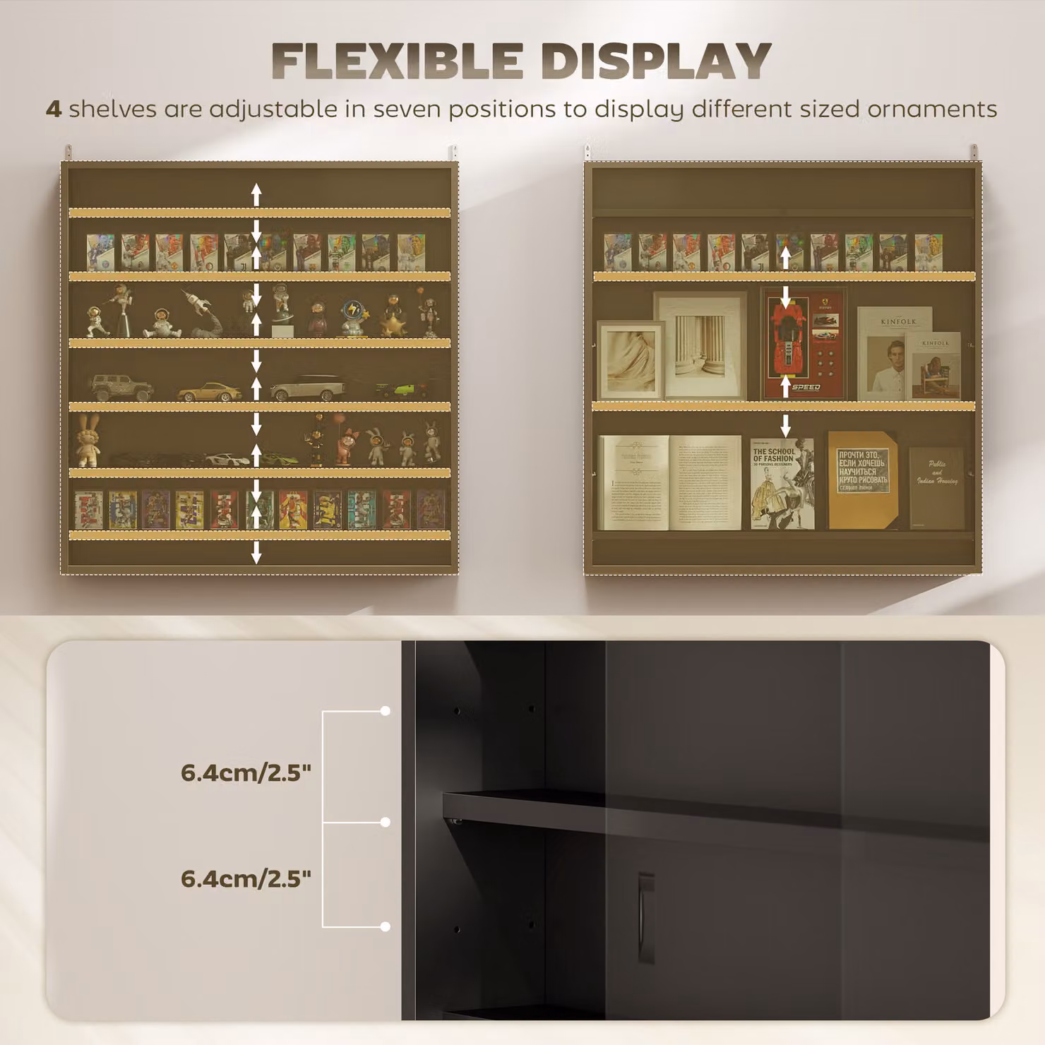 HOMCOM 7-Tier Wall Mounted Display Shelf Unit with Glass Doors and 6 Adjustable Shelves, Black, W: 80 cm, H: 83 cm – 4