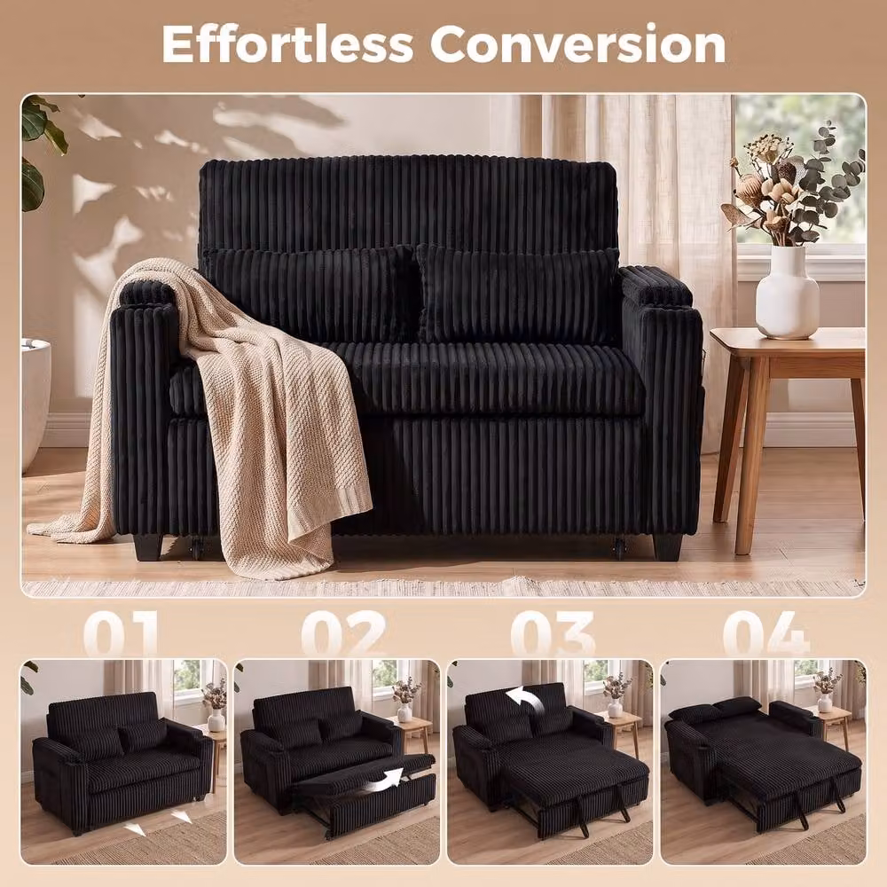 HOMCOM 2 Seater Corduroy Pull Out Sofa Bed in Black – 4