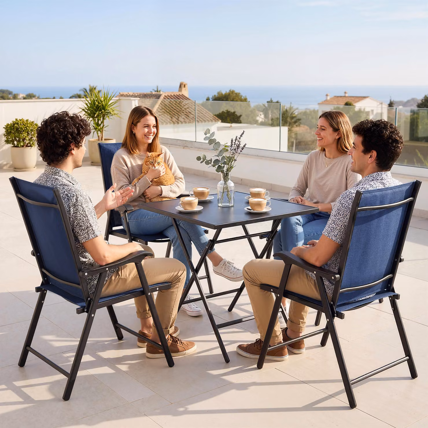 Outsunny Set of 4 Folding Garden Dining Chairs with High Back, Armrests and Textilene Seats in Blue – 9