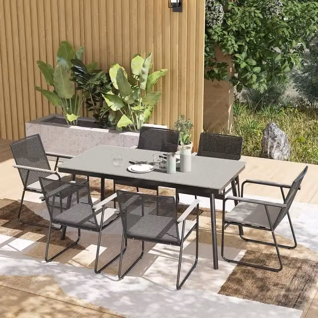 Outsunny 6 Seater Grey Rattan Garden Dining Set with Cushions and Rectangular Table