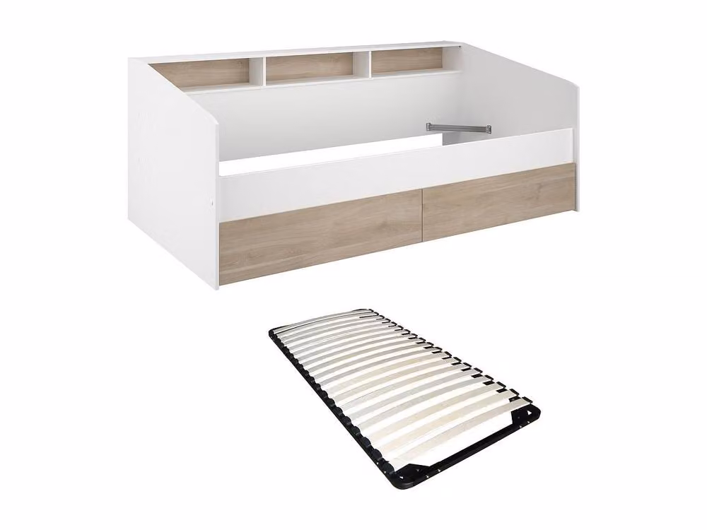 Vente-unique Paulette Single Bed with Storage Drawers in White and Light Oak, W/D/H: 190 x 90 x 112.7 cm – 2