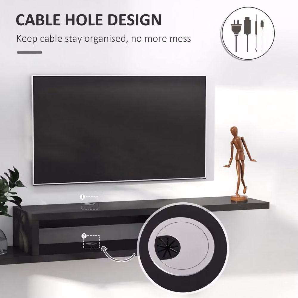 Wyld Haus Mika Mael Black Wall Mounted Floating TV Unit with Open Shelving, W: 152.4 cm, H: 29.8 cm, D: 21.0 cm – 4