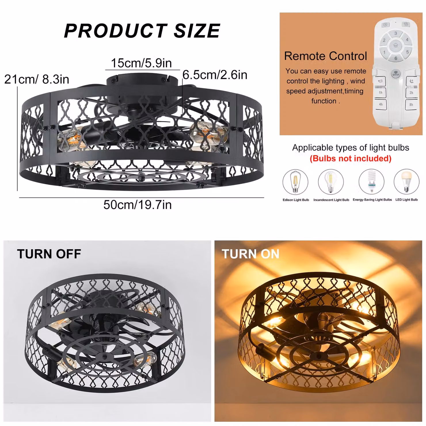 Garwarm Industrial Style Metal Caged Ceiling Fan with 4 Lights and Remote Control, Black, Diameter: 50 cm – 4