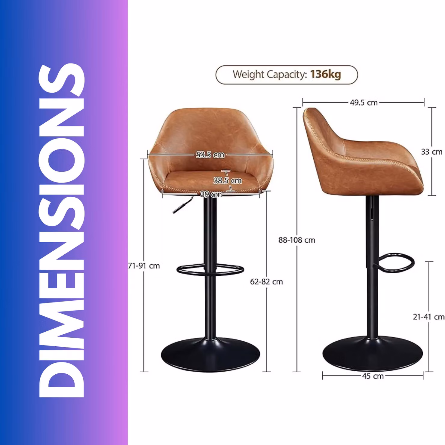 Rafaelo Mobilia Set of 2 Brown Faux Leather Height Adjustable 360 Swivel Barstools – 4