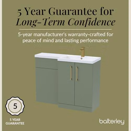 Balterley L-Shaped Vanity Unit and WC Unit with Basin and Worktop, Green, Floor Standing with 2 Soft Close Doors and Brushed Brass D Shape Handles, Right Hand Configuration – 4