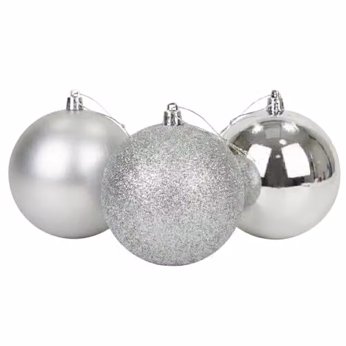 SHATCHI Set of 3 Silver Shatterproof PVC Christmas Baubles with Glossy, Matt and Glitter Finishes, Diameter: 20 cm – 1