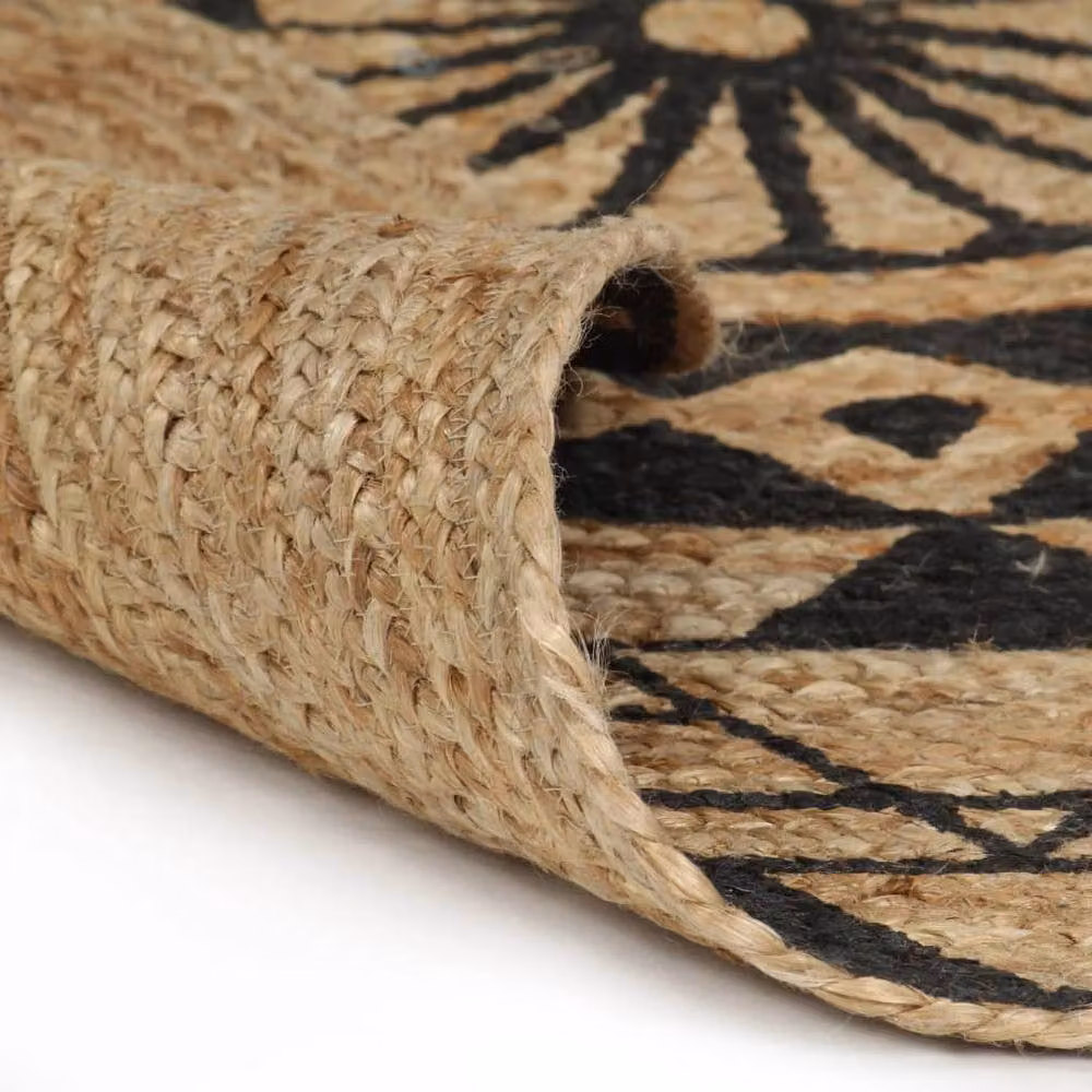 Berkfield Home Handmade Braided Jute Round Rug with Black Geometric Print in Natural and Sand, Diameter: 100 cm – 2
