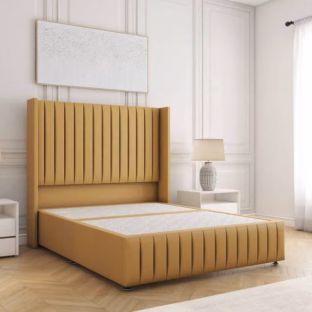 BSSPOKE Luna Plush Velvet Divan Bed with 54 inch Headboard in Mustard, King Size, W/D/H: 180 x 137.16 x 30.48 cm