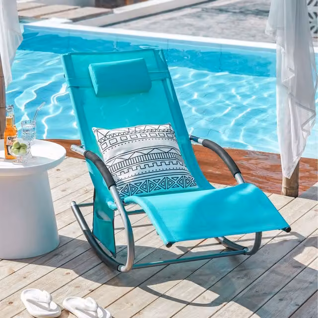SoBuy Outdoor Garden Rocking Sun Lounger Recliner with Adjustable Headrest and Armrests in Turquoise