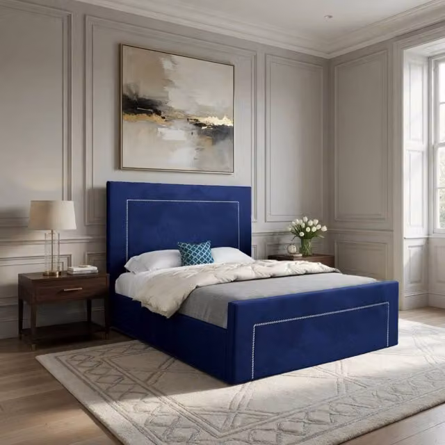 KDMD Lyminge Upholstered Blue Velvet Designer Bed Frame W/D/H: 144 x 137 x 200 cm
