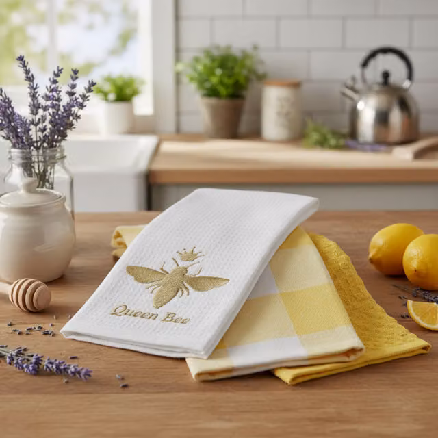 Kitchen Trends Queen Bee Embroidered 3-Pack Highly Absorbent Tea Towel Set in White, Yellow and Gold