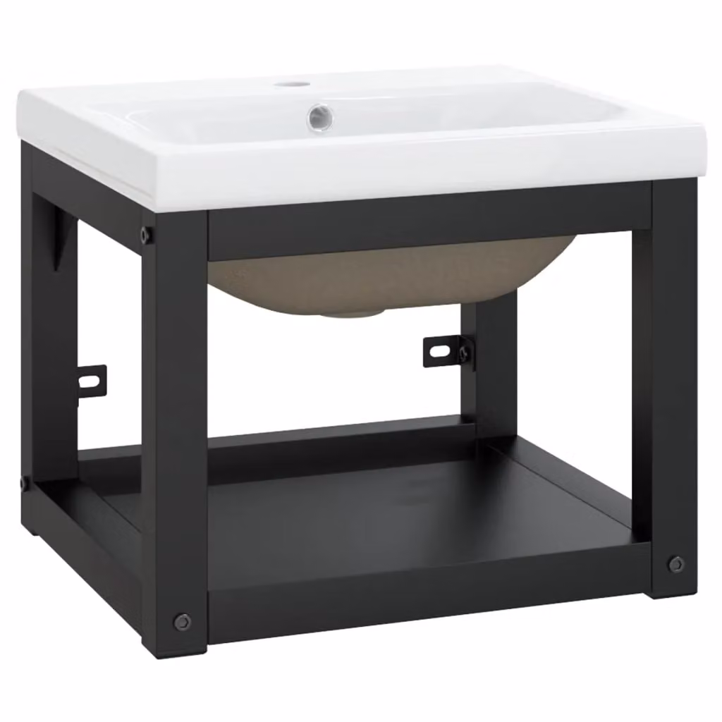 Berkfield Home Modern Bathroom Washbasin Frame with Built-in Ceramic Basin in Matt Black Metal – 2