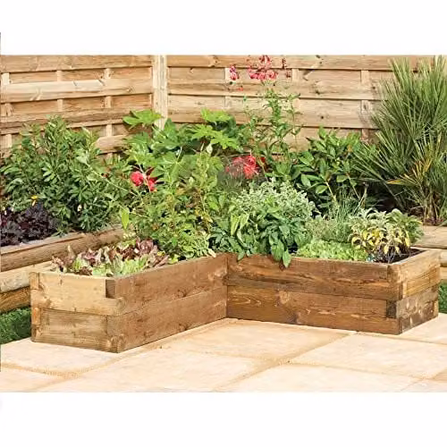 Forest Garden Caledonian Corner Raised Bed, Brown Wooden Vegetable Garden Planter, W: 130 cm, D: 130 cm, H: 28 cm