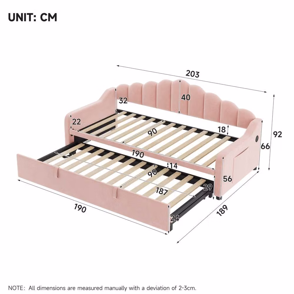 STILVORA Pink Velvet Single Bed Frame with Side Compartments and USB Charging Port, W/D/H: 90 x 190 x 128 cm – 2