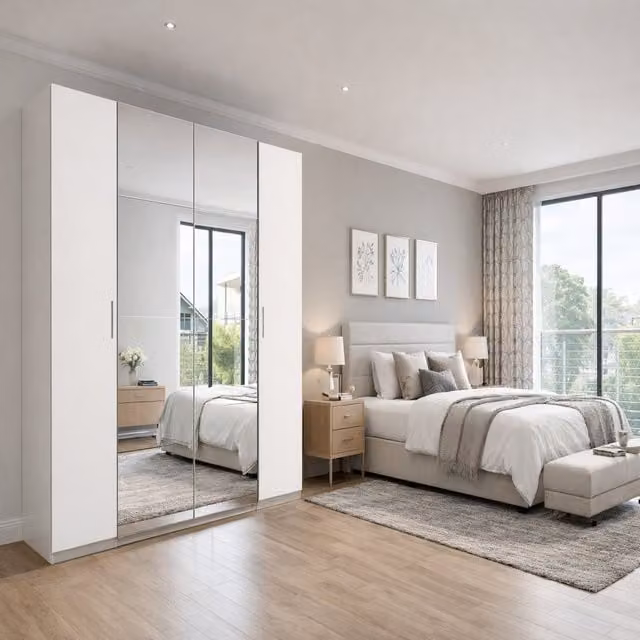 Lotto White 4 Door Sliding Wardrobe with Mirror and Internal Shelving, Width: 272 cm