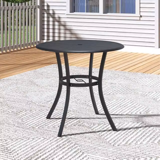 Komore Modern Round Metal Dining Table with Umbrella Hole in Matt Black