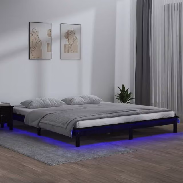 Berkfield Home Black Solid Wood LED Bed Frame with Under-Bed Lighting and USB Charging Port, W/D/H: 200 x 200 cm