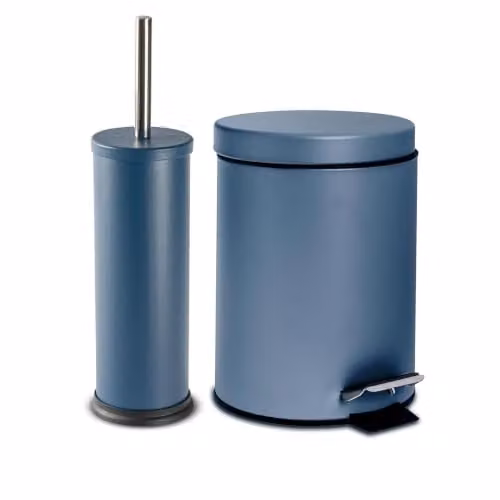 Harbour Housewares 3L Round Stainless Steel Pedal Bin and Toilet Brush Set in Blue – 1