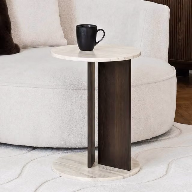 OHS Travertine Effect C-Shaped Round Side Table in Beige and Multicolour – 1