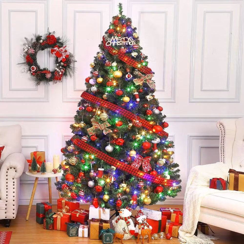 London Boutique 7.5ft Artificial Christmas Tree with 1450 Branches and LED Lights in Green – 2