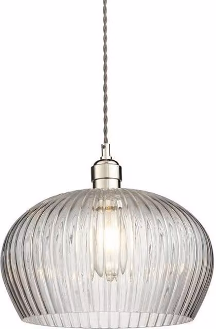 Netlighting Livorno Dome Pendant Light with Grey Transparent Ribbed Glass and Height Adjustable Silver Metal Frame – 1