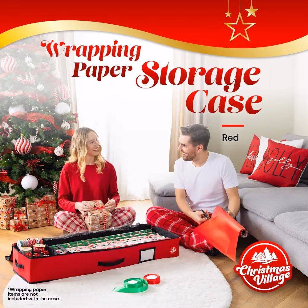 Christmas Village Premium Fabric Wrapping Paper Storage Bag with 2 Pouches in Red and Grey – 2