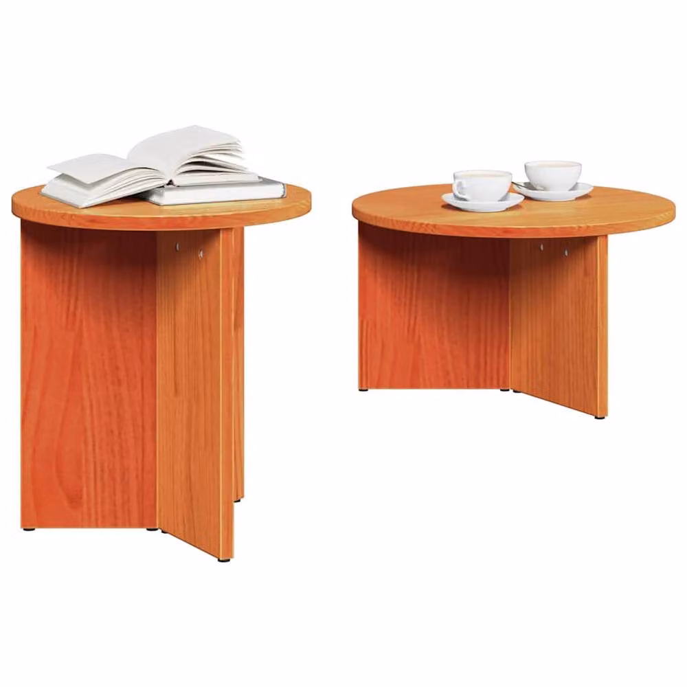Berkfield Home 2-Piece Round Nested Coffee Table Set in Waxed Brown Solid Pine Wood – 3