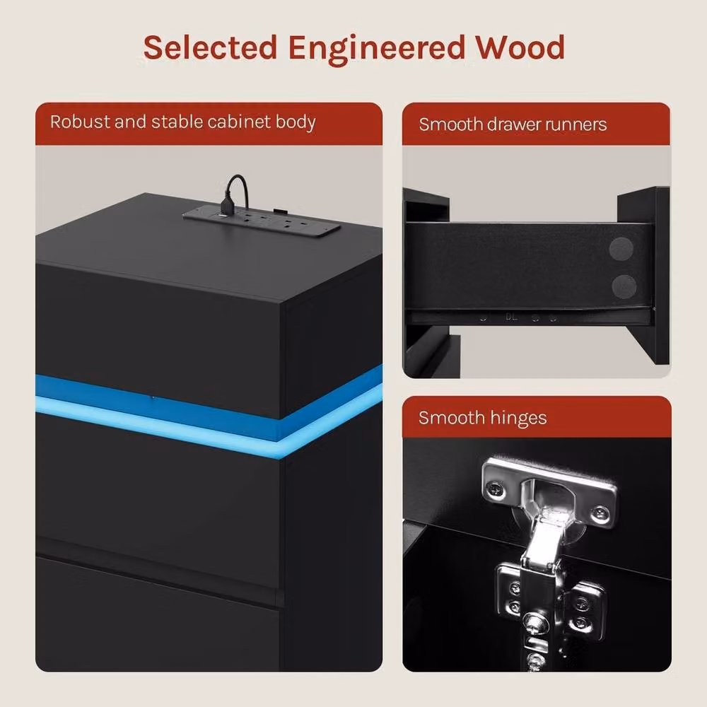 FORGEVIO Black Bedside Table with Integrated LED Lighting and Charging Station – 2