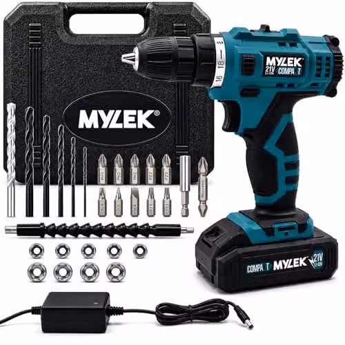 MYLEK 21V Cordless Drill Driver Set with 29-Piece Accessory Kit and Carry Case, Blue and Black