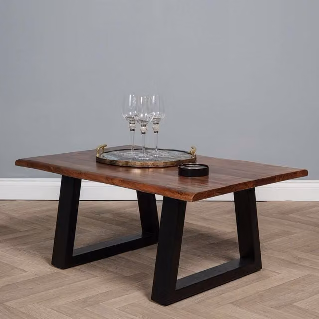 Elm Home And Garden Rustic Solid Mango Wood Live Edge Coffee Table in Brown with Dark Oak Finish