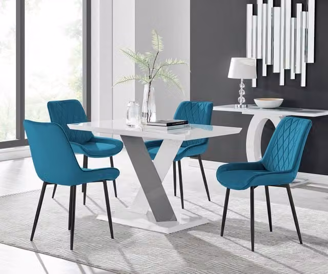 Furniturebox Monza White High Gloss Rectangular Dining Table with 4 Blue Pesaro Black Leg Chairs