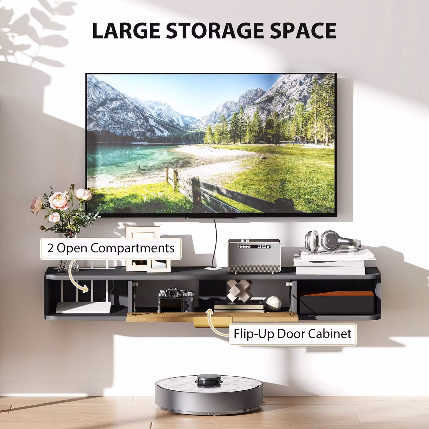 HOMCOM Modern Wall Mounted Floating TV Stand with Media Storage in Grey and Black Wood Finish, Width: 120 cm – 3