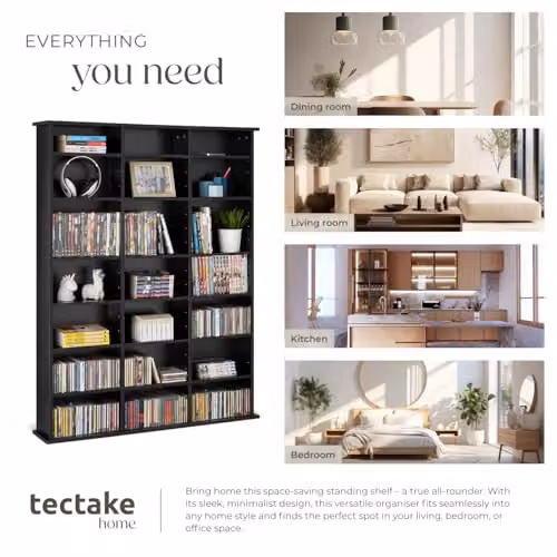 tectake CD Storage Unit in Black with Adjustable Shelves, H 136.5 x W 105.5 x D 19.0 cm – 7