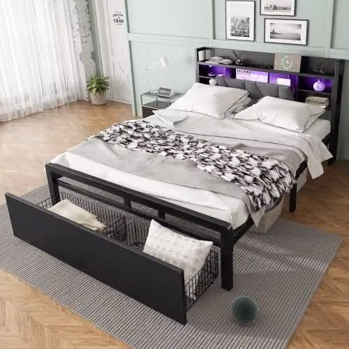 Matteo Black Metal Double Bed with Multi-Colour LED Strip Lights, USB Charging Port and Drawers, W/D/H: 140 x 200 cm