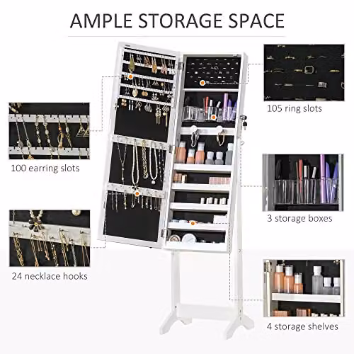 HOMCOM Lockable Jewellery Cabinet with LED Light and Mirror, White, H 151.5 x W 46.0 x D 36.5 cm – 4