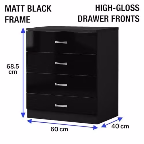Harmin High Gloss 4 Drawer Chest in Black, H 68.5 x W 60 x D 40 cm – 3