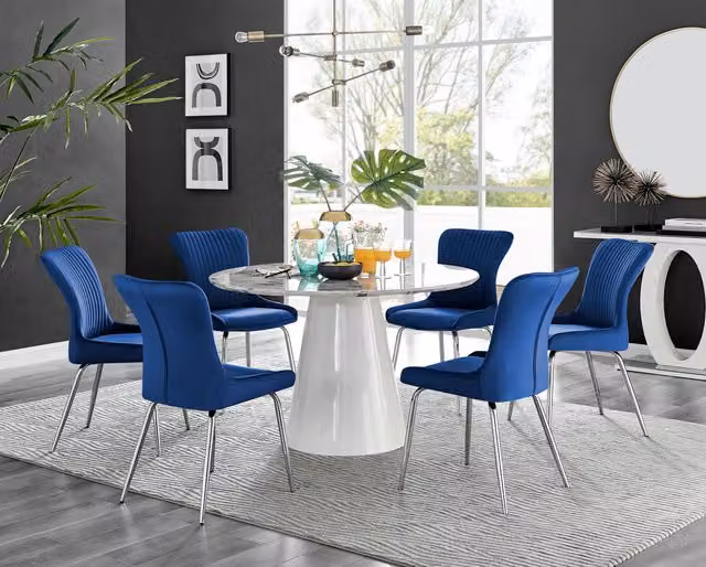 Furniturebox Palma White Marble Effect Round Dining Table and 6 Nora Blue Upholstered Chairs with Silver Legs
