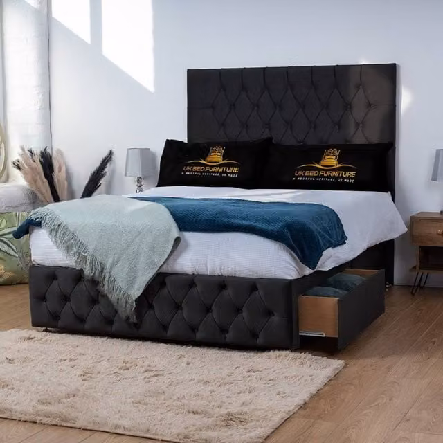 UK Bed Furniture Monaco Super King Divan Bed with 4 Drawers and 26 Inch Headboard in Black Fabric