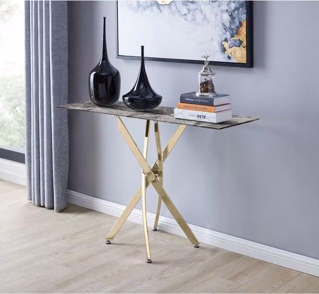 FurnitureboxUK Leonardo Console Table with Dark Grey Marble Effect Glass Top and Gold Metal X-Frame Legs