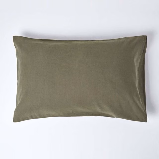 Homescapes Linen Kingsize Pillowcase in Olive Green, Housewife Style, Made from Linen and Combed Cotton