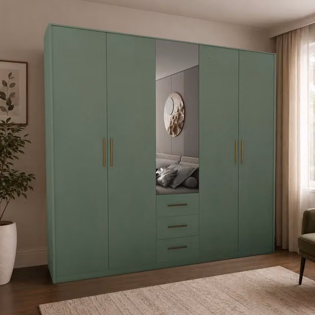 Swindon Modern 5 Door Wardrobe in Dark Green with Mirror and 3 Drawers, Width: 200 cm