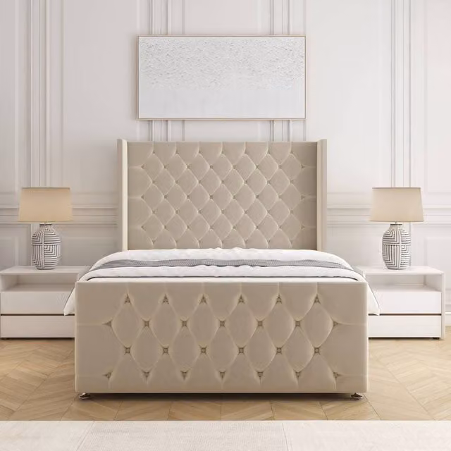 BSSPOKE Florida Velvet Single Divan Bed with Headboard and Footboard in Beige