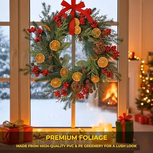 Shatchi Rustic Christmas Wreath with Eucalyptus, Berries and Rattan Balls in Orange, Red and Green, Diameter: 60 cm – 4