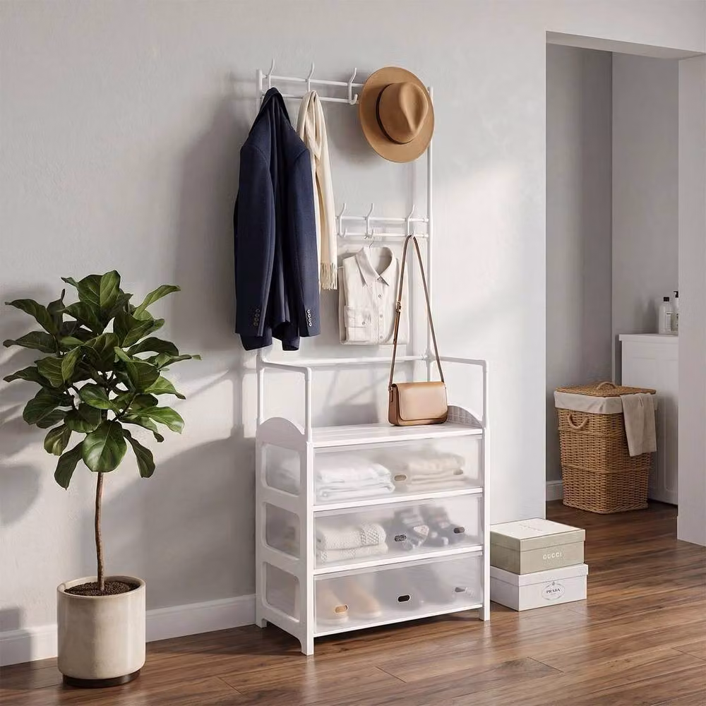 NESTLUNE White 4-Tier Metal Coat and Hat Stand with 8 Hooks and Shoe Rack, W/D/H: 60 x 31 x 158 cm – 3