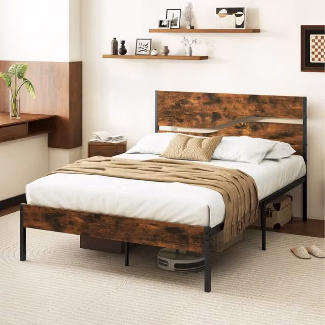 COSTWAY Industrial Metal and Wood Double Bed Frame, Brown, W/D/H: 140 x 200 cm