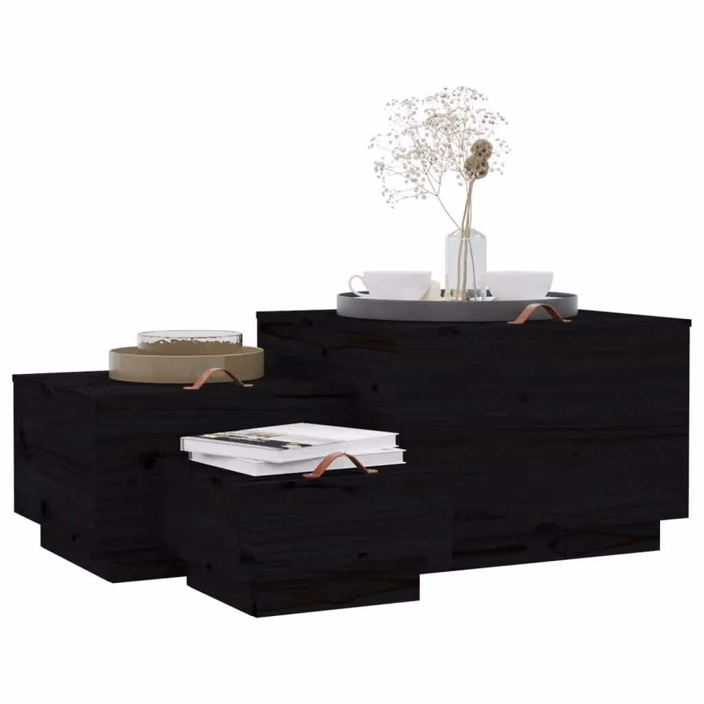 Berkfield Home Set of 3 Black Solid Pine Wood Storage Boxes with Lids – 3