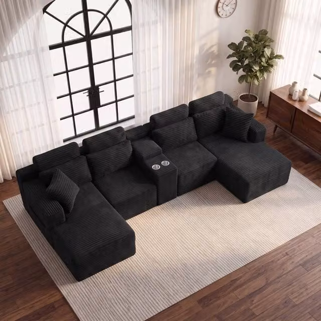 Merax 370cm U-Shape Modular Corner Sofa with Reversible Chaise and Cup Holders in Black Corduroy Velvet – 1