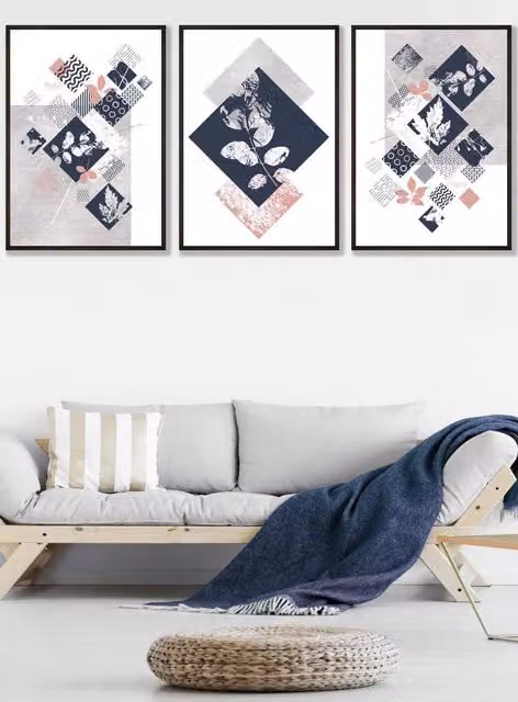 ARTZE Set of 3 Modern Abstract Floral and Botanical Wall Art in Blue, Grey and Pink with Black Frames, W: 33 cm, H: 45 cm, D: 2 cm